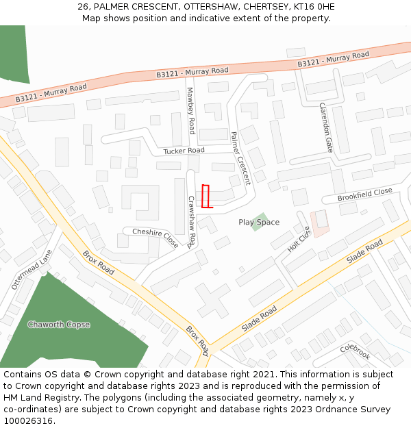 26, PALMER CRESCENT, OTTERSHAW, CHERTSEY, KT16 0HE: Location map and indicative extent of plot