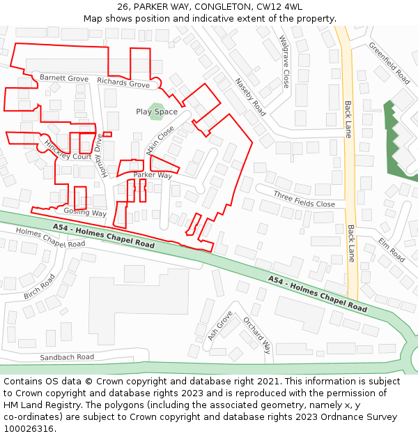 26, PARKER WAY, CONGLETON, CW12 4WL: Location map and indicative extent of plot