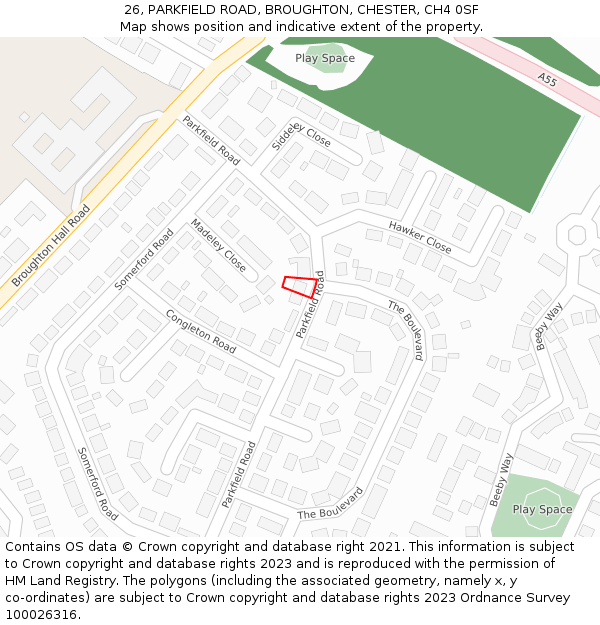 26, PARKFIELD ROAD, BROUGHTON, CHESTER, CH4 0SF: Location map and indicative extent of plot