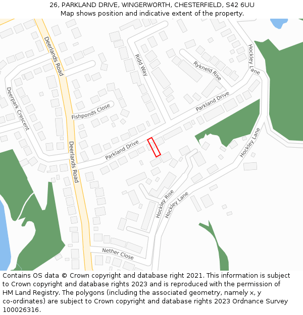 26, PARKLAND DRIVE, WINGERWORTH, CHESTERFIELD, S42 6UU: Location map and indicative extent of plot