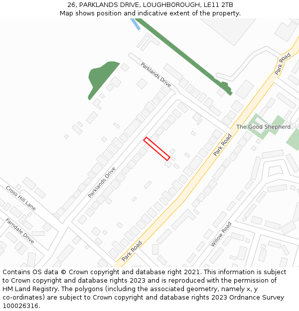 26, PARKLANDS DRIVE, LOUGHBOROUGH, LE11 2TB: Location map and indicative extent of plot