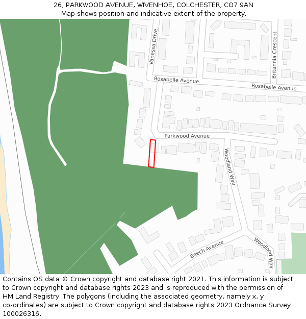 26, PARKWOOD AVENUE, WIVENHOE, COLCHESTER, CO7 9AN: Location map and indicative extent of plot