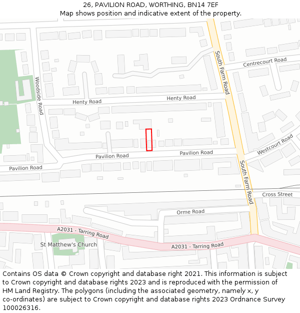 26, PAVILION ROAD, WORTHING, BN14 7EF: Location map and indicative extent of plot