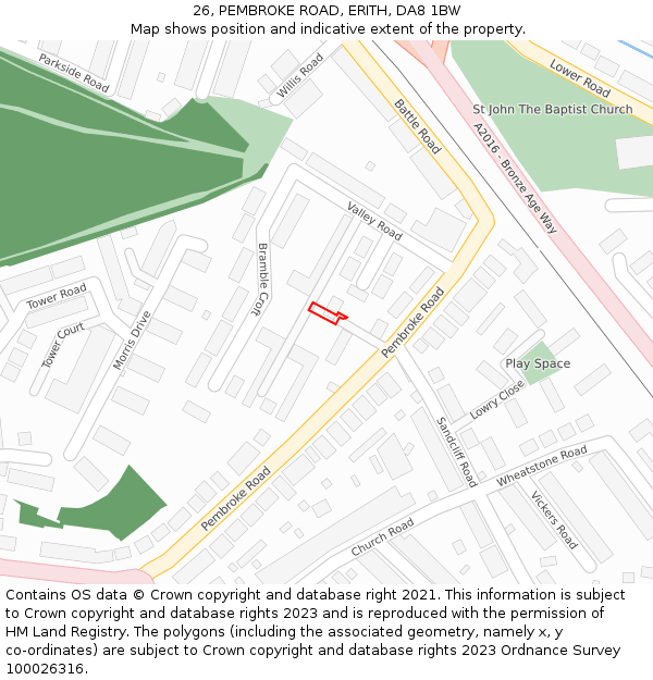 26, PEMBROKE ROAD, ERITH, DA8 1BW: Location map and indicative extent of plot