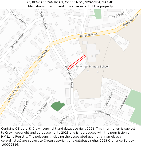 26, PENCAECRWN ROAD, GORSEINON, SWANSEA, SA4 4FU: Location map and indicative extent of plot