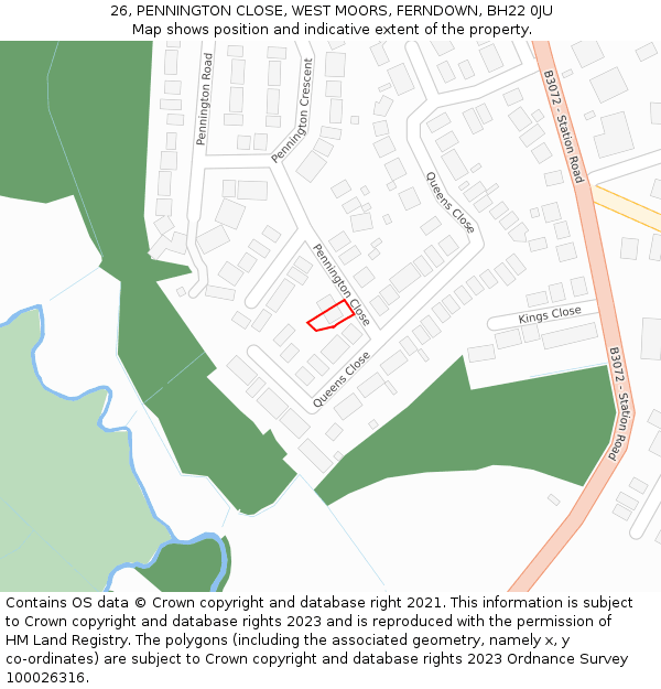 26, PENNINGTON CLOSE, WEST MOORS, FERNDOWN, BH22 0JU: Location map and indicative extent of plot