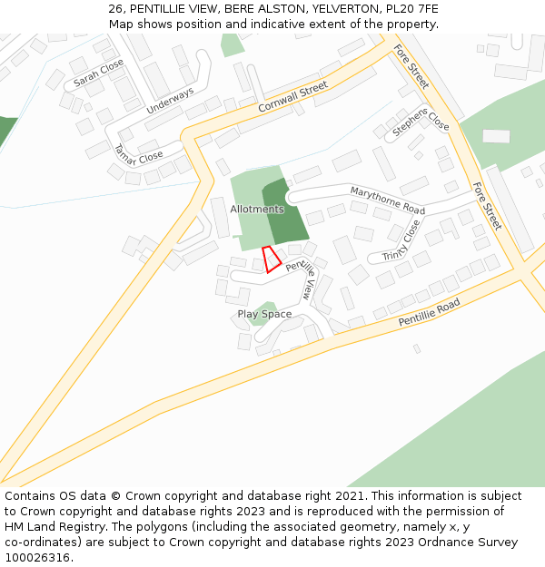 26, PENTILLIE VIEW, BERE ALSTON, YELVERTON, PL20 7FE: Location map and indicative extent of plot