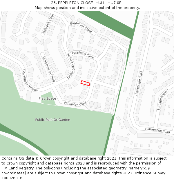 26, PEPPLETON CLOSE, HULL, HU7 0EL: Location map and indicative extent of plot