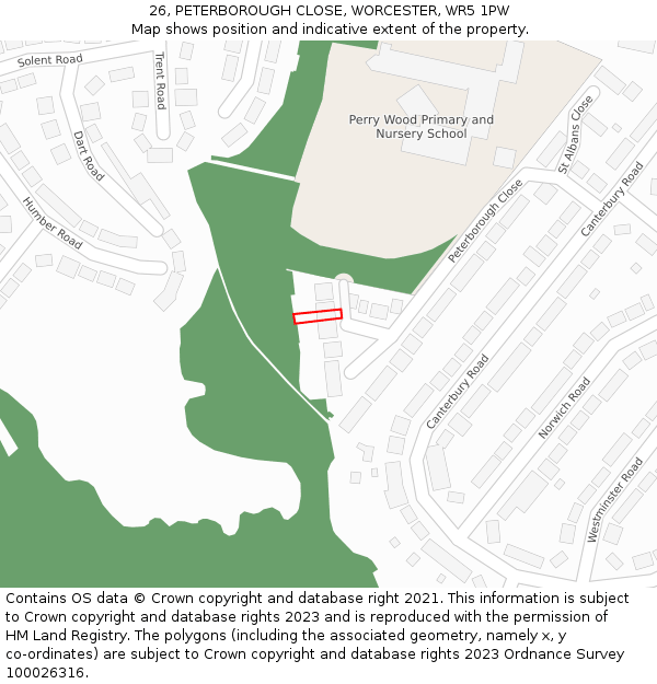 26, PETERBOROUGH CLOSE, WORCESTER, WR5 1PW: Location map and indicative extent of plot