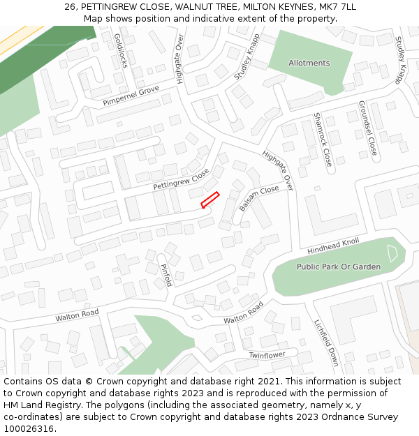 26, PETTINGREW CLOSE, WALNUT TREE, MILTON KEYNES, MK7 7LL: Location map and indicative extent of plot