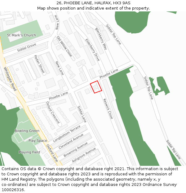 26, PHOEBE LANE, HALIFAX, HX3 9AS: Location map and indicative extent of plot