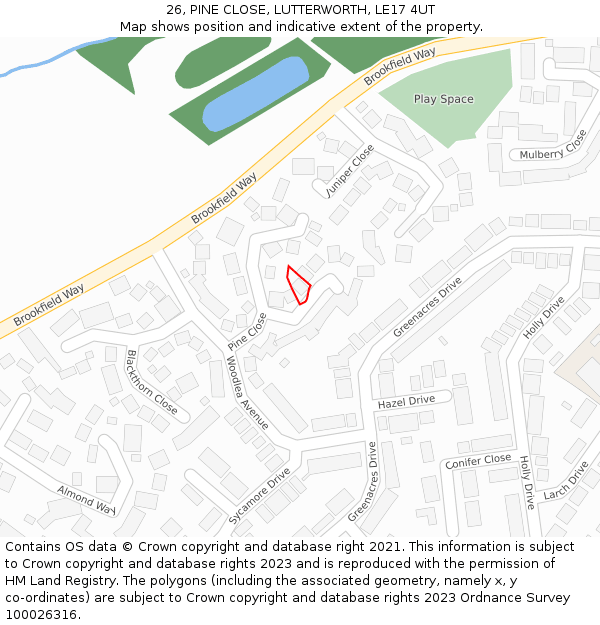 26, PINE CLOSE, LUTTERWORTH, LE17 4UT: Location map and indicative extent of plot