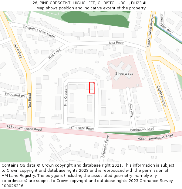 26, PINE CRESCENT, HIGHCLIFFE, CHRISTCHURCH, BH23 4LH: Location map and indicative extent of plot