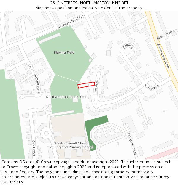 26, PINETREES, NORTHAMPTON, NN3 3ET: Location map and indicative extent of plot