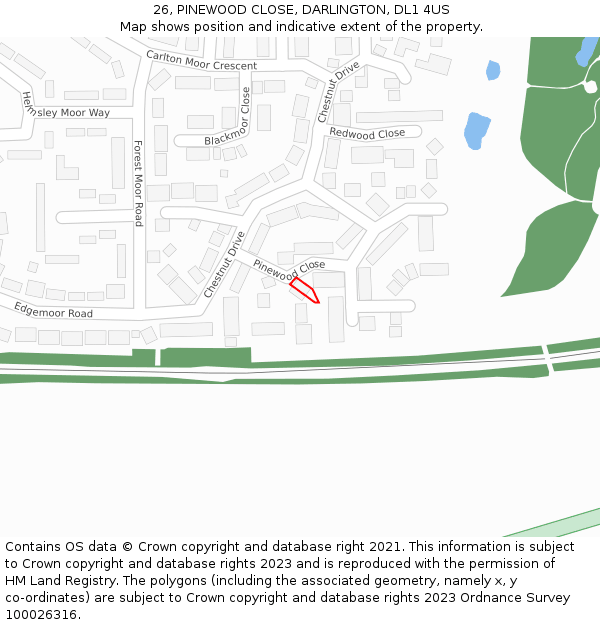 26, PINEWOOD CLOSE, DARLINGTON, DL1 4US: Location map and indicative extent of plot