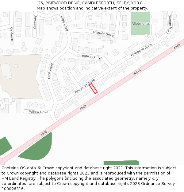 26, PINEWOOD DRIVE, CAMBLESFORTH, SELBY, YO8 8JU: Location map and indicative extent of plot