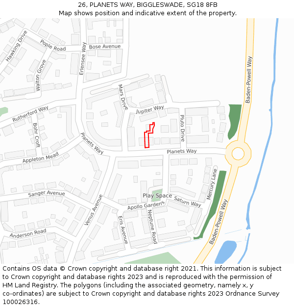26, PLANETS WAY, BIGGLESWADE, SG18 8FB: Location map and indicative extent of plot