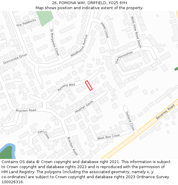 26, POMONA WAY, DRIFFIELD, YO25 6YH: Location map and indicative extent of plot