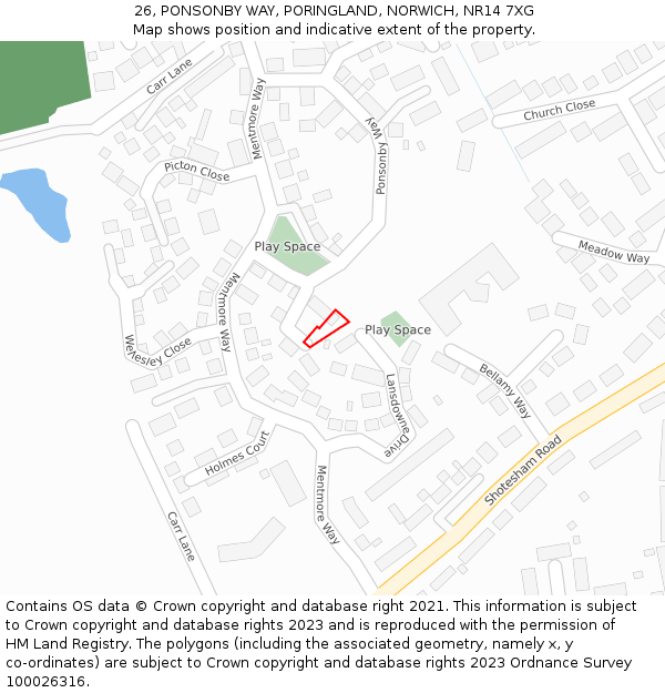 26, PONSONBY WAY, PORINGLAND, NORWICH, NR14 7XG: Location map and indicative extent of plot