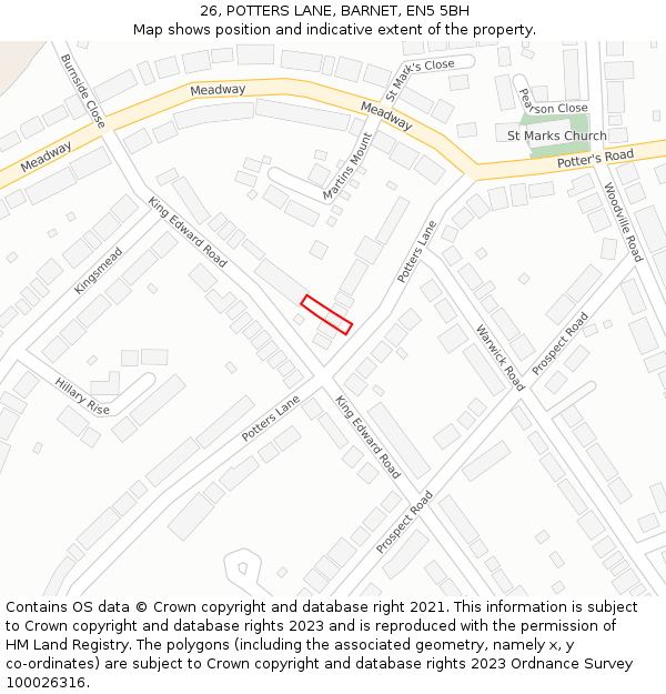 26, POTTERS LANE, BARNET, EN5 5BH: Location map and indicative extent of plot