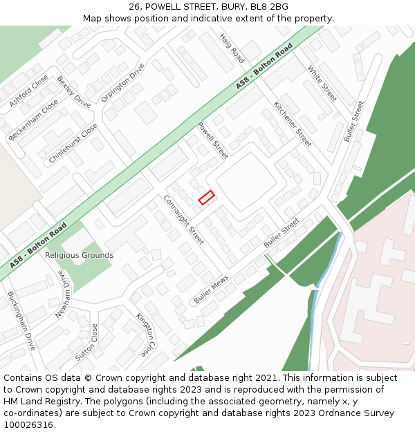 26, POWELL STREET, BURY, BL8 2BG: Location map and indicative extent of plot