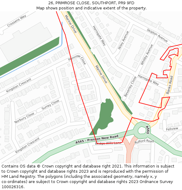 26, PRIMROSE CLOSE, SOUTHPORT, PR9 9FD: Location map and indicative extent of plot