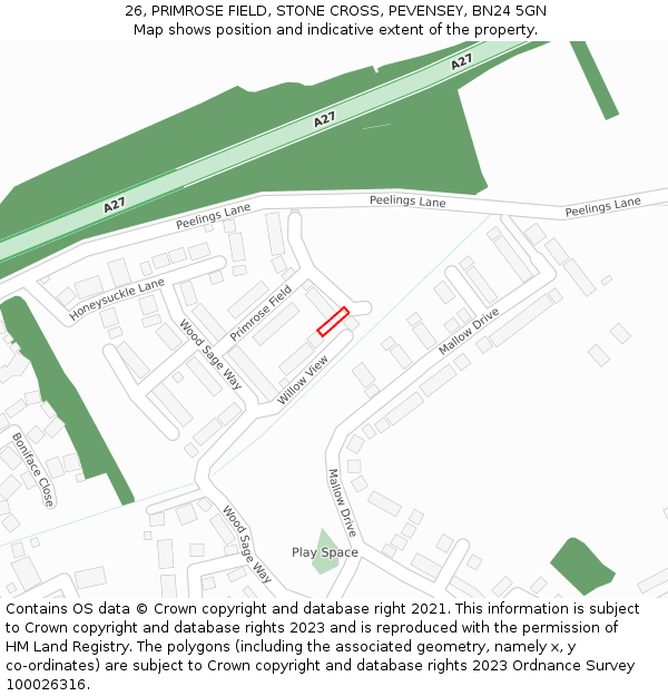 26, PRIMROSE FIELD, STONE CROSS, PEVENSEY, BN24 5GN: Location map and indicative extent of plot