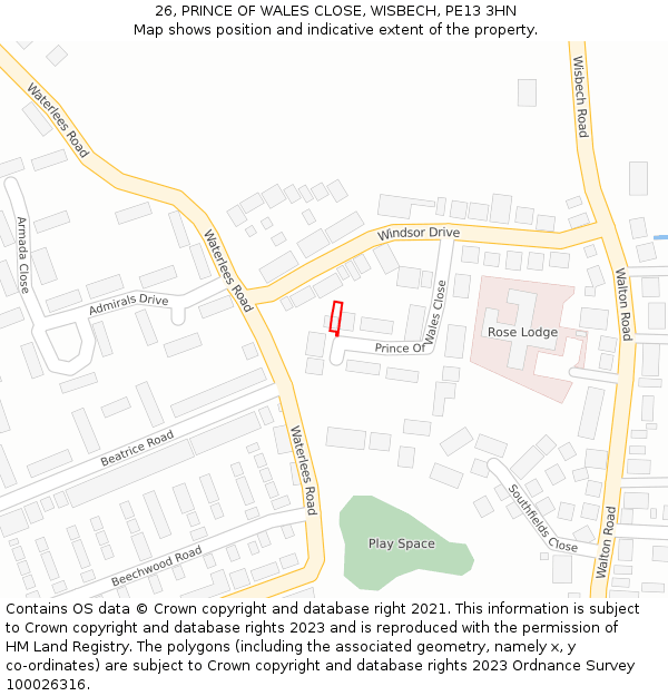 26, PRINCE OF WALES CLOSE, WISBECH, PE13 3HN: Location map and indicative extent of plot