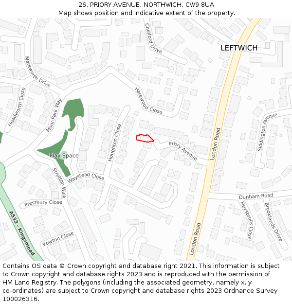 26, PRIORY AVENUE, NORTHWICH, CW9 8UA: Location map and indicative extent of plot