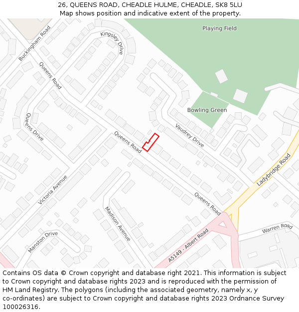 26, QUEENS ROAD, CHEADLE HULME, CHEADLE, SK8 5LU: Location map and indicative extent of plot