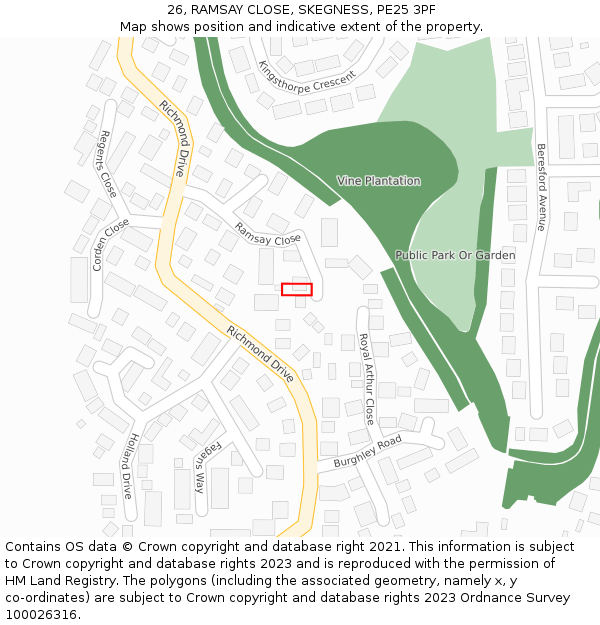 26, RAMSAY CLOSE, SKEGNESS, PE25 3PF: Location map and indicative extent of plot
