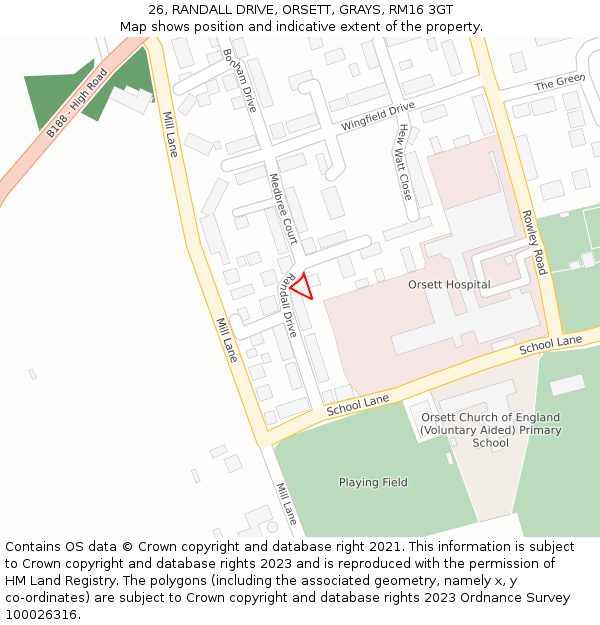 26, RANDALL DRIVE, ORSETT, GRAYS, RM16 3GT: Location map and indicative extent of plot