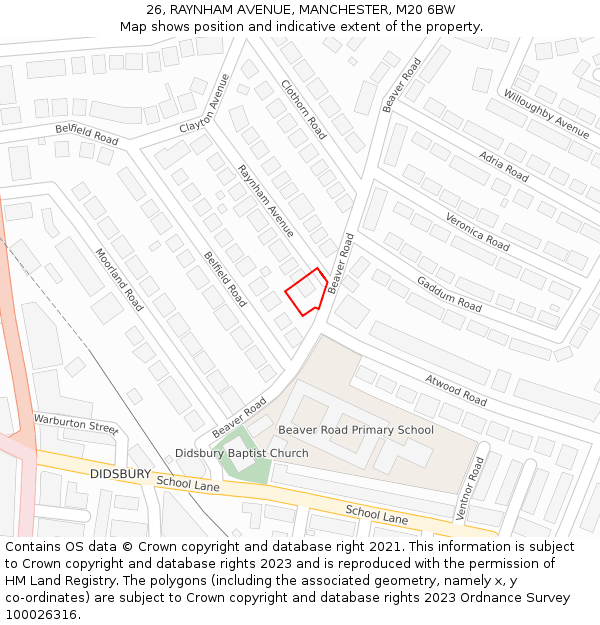 26, RAYNHAM AVENUE, MANCHESTER, M20 6BW: Location map and indicative extent of plot