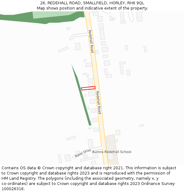 26, REDEHALL ROAD, SMALLFIELD, HORLEY, RH6 9QL: Location map and indicative extent of plot