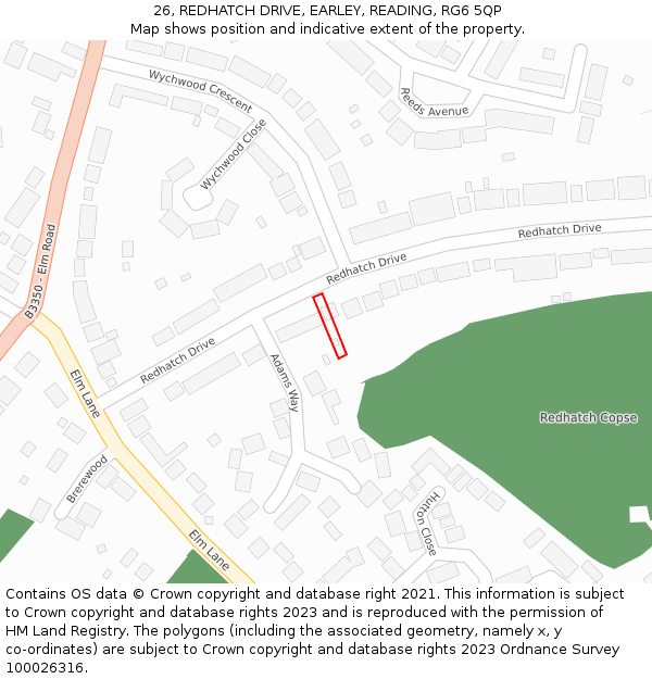 26, REDHATCH DRIVE, EARLEY, READING, RG6 5QP: Location map and indicative extent of plot