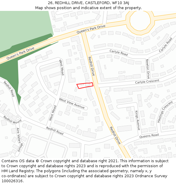26, REDHILL DRIVE, CASTLEFORD, WF10 3AJ: Location map and indicative extent of plot
