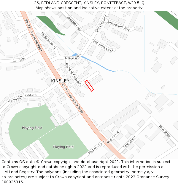 26, REDLAND CRESCENT, KINSLEY, PONTEFRACT, WF9 5LQ: Location map and indicative extent of plot