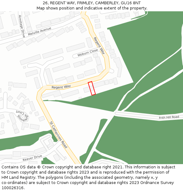 26, REGENT WAY, FRIMLEY, CAMBERLEY, GU16 8NT: Location map and indicative extent of plot