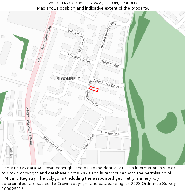 26, RICHARD BRADLEY WAY, TIPTON, DY4 9FD: Location map and indicative extent of plot