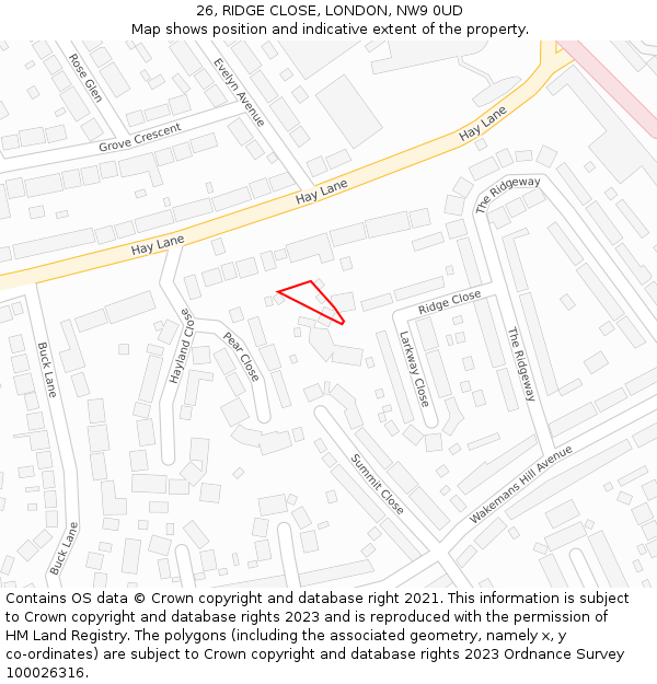26, RIDGE CLOSE, LONDON, NW9 0UD: Location map and indicative extent of plot
