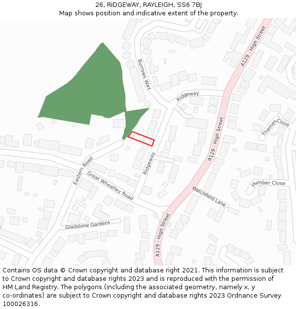26, RIDGEWAY, RAYLEIGH, SS6 7BJ: Location map and indicative extent of plot