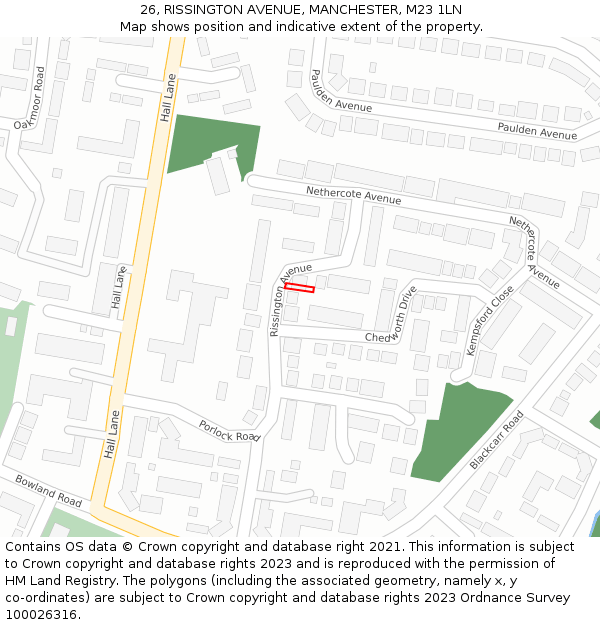 26, RISSINGTON AVENUE, MANCHESTER, M23 1LN: Location map and indicative extent of plot