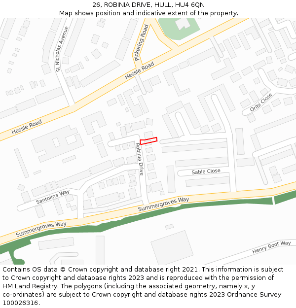 26, ROBINIA DRIVE, HULL, HU4 6QN: Location map and indicative extent of plot