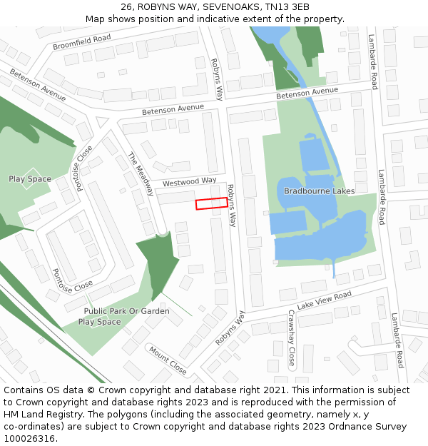 26, ROBYNS WAY, SEVENOAKS, TN13 3EB: Location map and indicative extent of plot