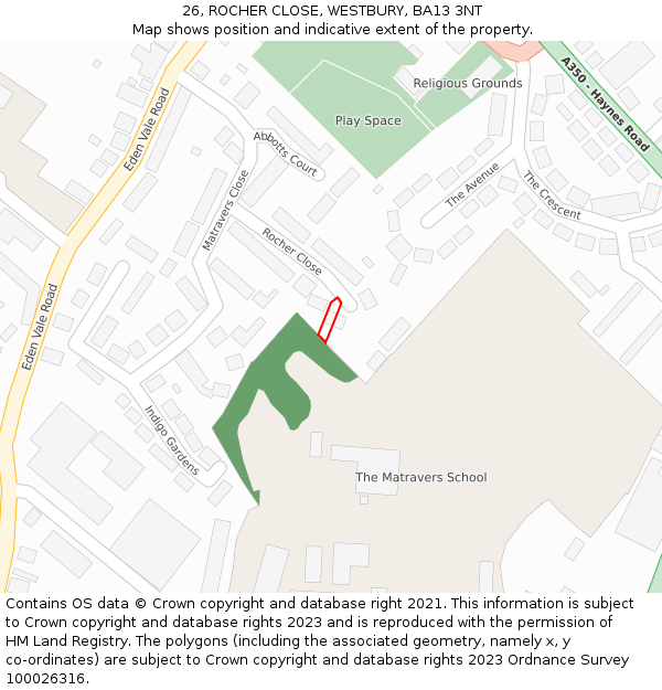 26, ROCHER CLOSE, WESTBURY, BA13 3NT: Location map and indicative extent of plot