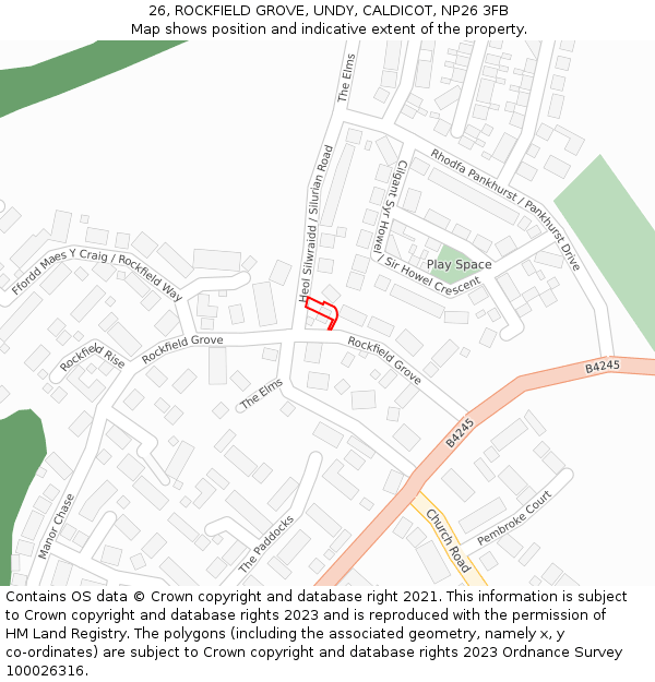 26, ROCKFIELD GROVE, UNDY, CALDICOT, NP26 3FB: Location map and indicative extent of plot