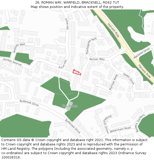 26, ROMAN WAY, WARFIELD, BRACKNELL, RG42 7UT: Location map and indicative extent of plot