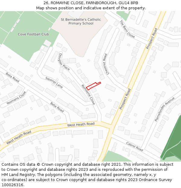 26, ROMAYNE CLOSE, FARNBOROUGH, GU14 8PB: Location map and indicative extent of plot