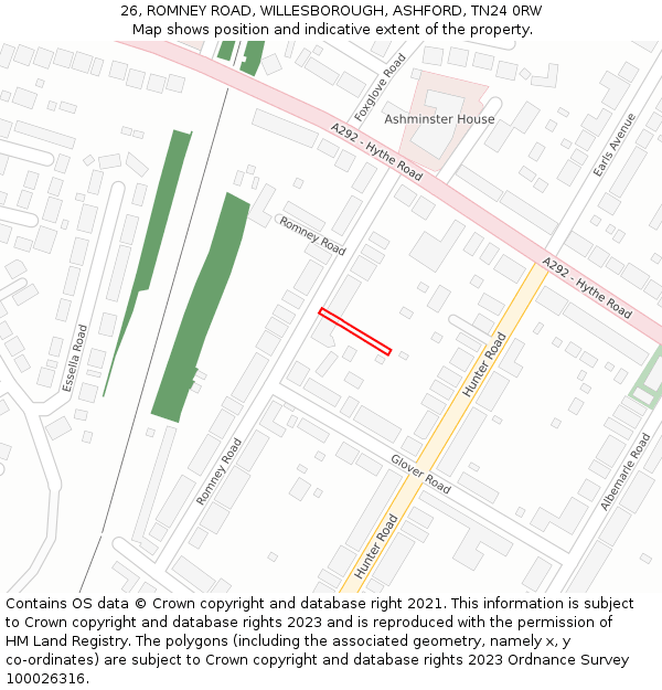 26, ROMNEY ROAD, WILLESBOROUGH, ASHFORD, TN24 0RW: Location map and indicative extent of plot