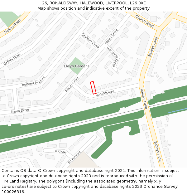 26, RONALDSWAY, HALEWOOD, LIVERPOOL, L26 0XE: Location map and indicative extent of plot